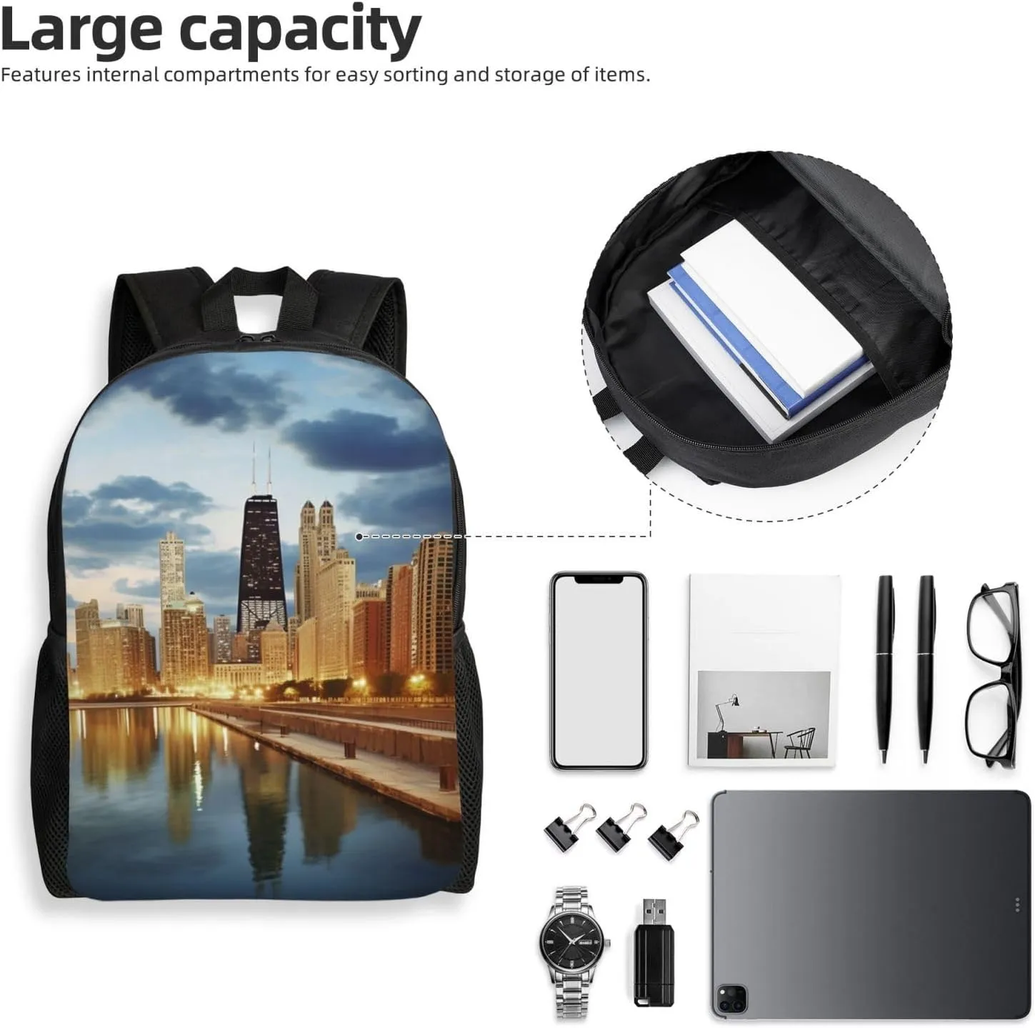 Laptop Backpack for Women Men Carry-on Backpack Chicago City Daypack Lightweight Travel Shoulder Bags