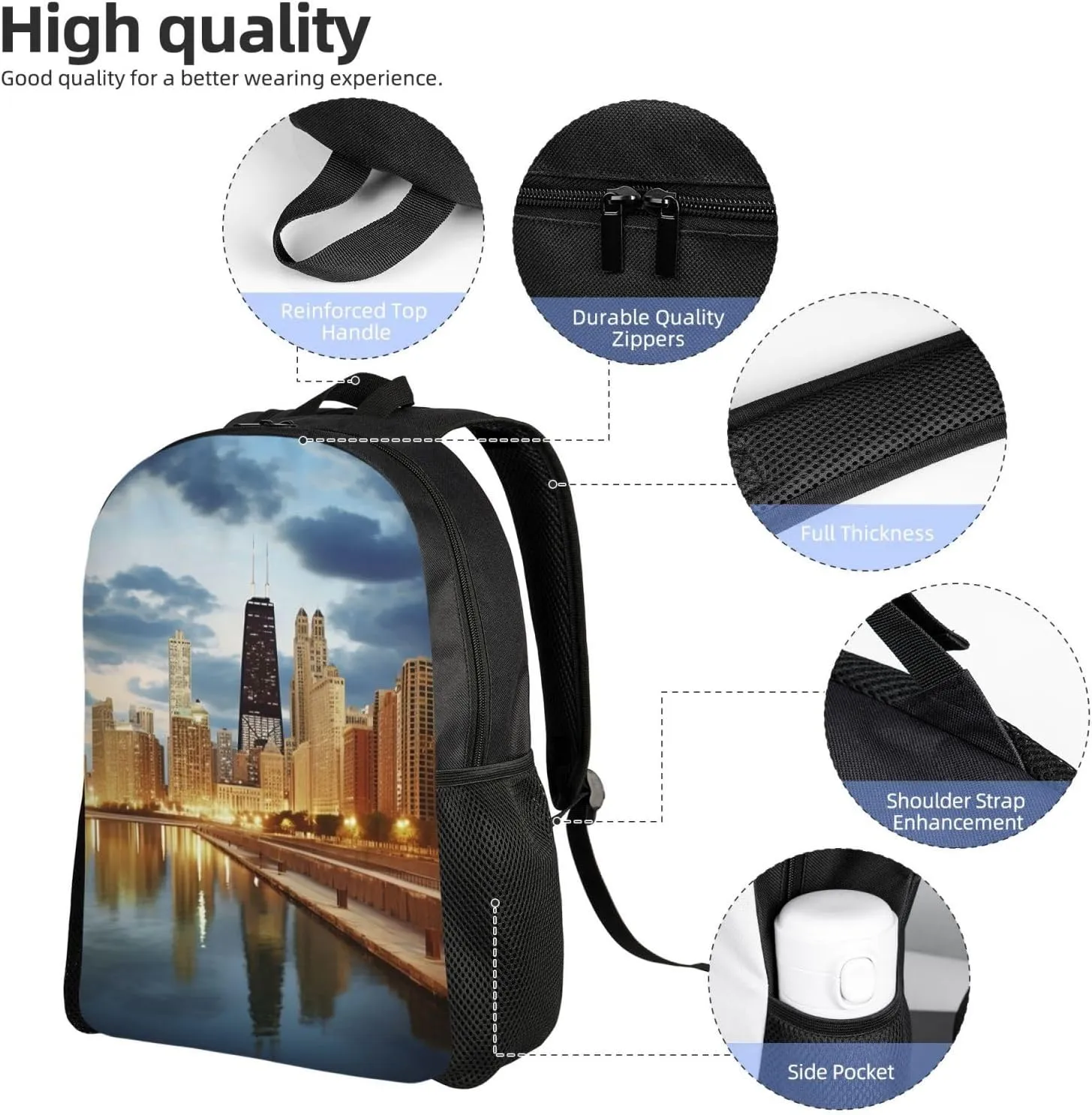 Laptop Backpack for Women Men Carry-on Backpack Chicago City Daypack Lightweight Travel Shoulder Bags