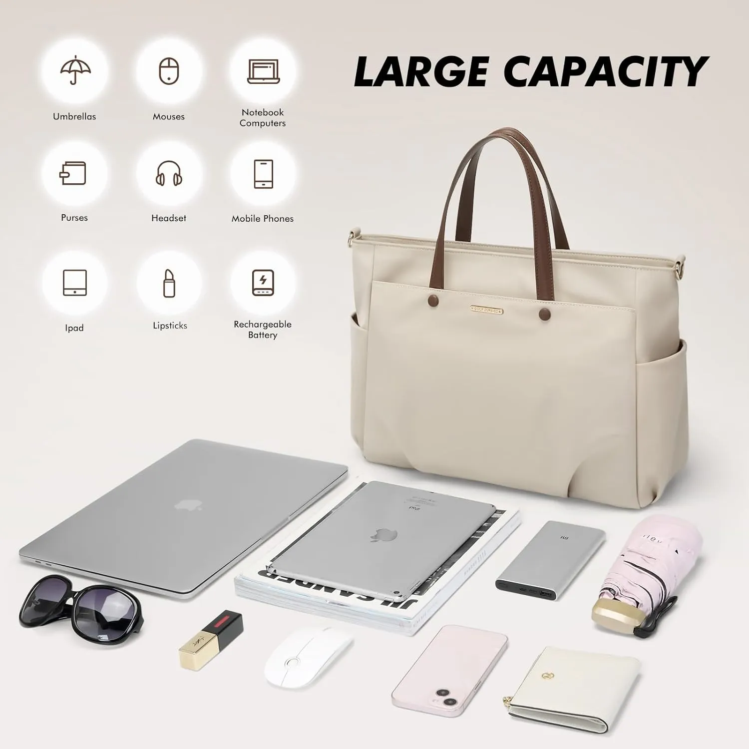 Laptop Tote Bag 15.6 Inch, Computer Shoulder Bag Large Work Tote Bag for Women, Laptop Carrying Case Stylish Handbag for Business Travel (Apricot)