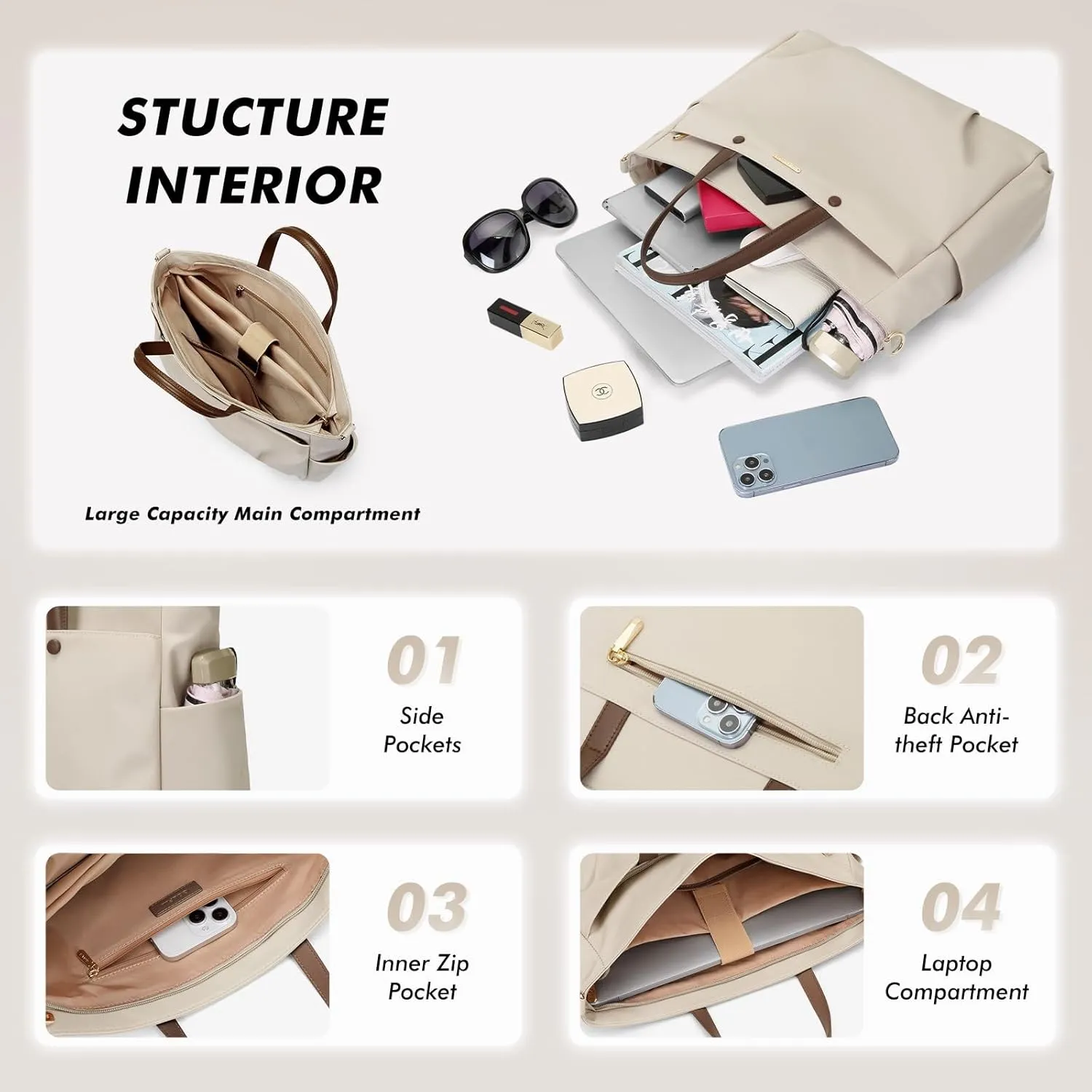 Laptop Tote Bag 15.6 Inch, Computer Shoulder Bag Large Work Tote Bag for Women, Laptop Carrying Case Stylish Handbag for Business Travel (Apricot)