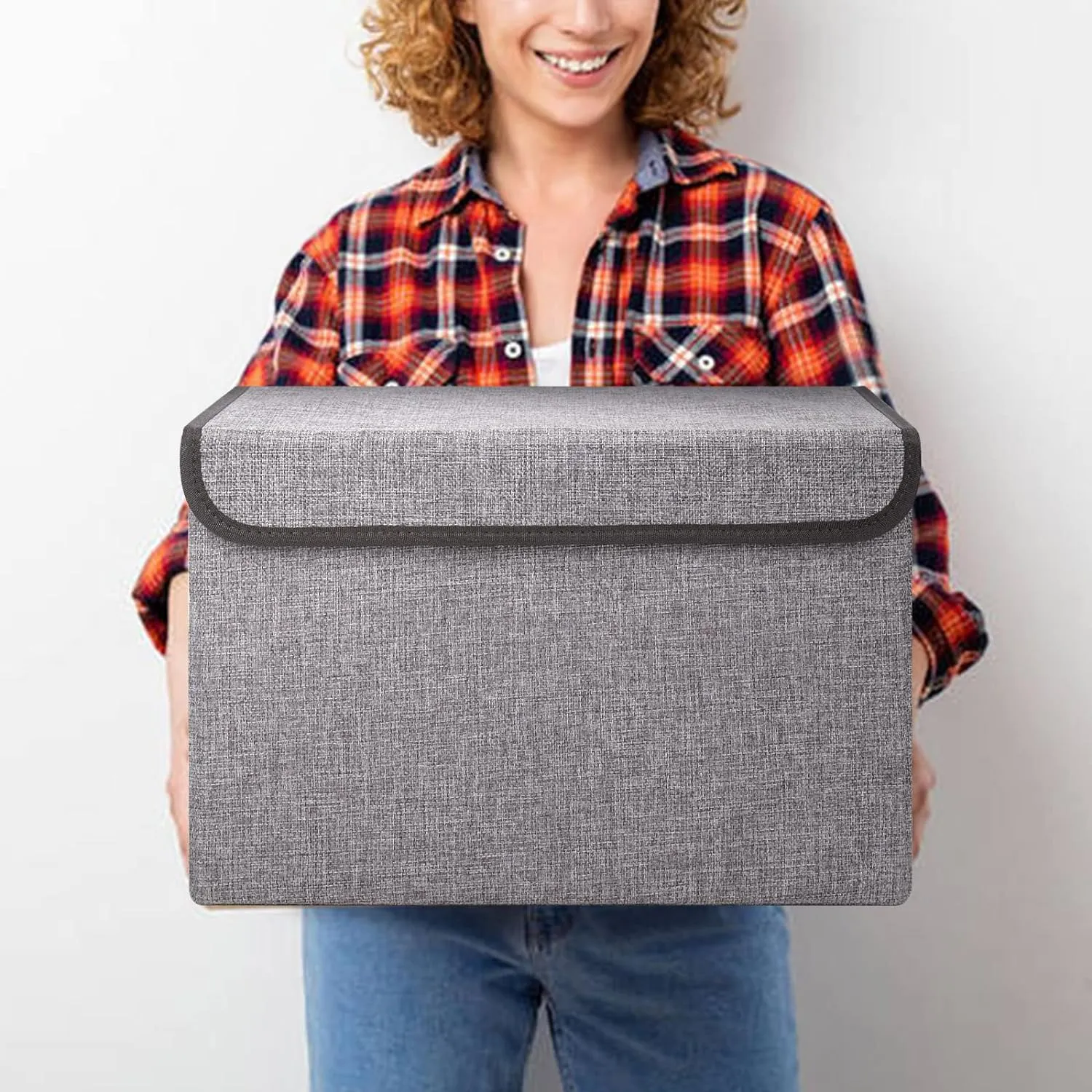 Large 17" 42 Quarts Collapsible Stackable Storage Bins with Lids [3-Pack] Foldable Fabric Linen Storage Boxes Cube, Closet Organizer Baskets with Label for Home (16.7 x 12 x 12, Gray)