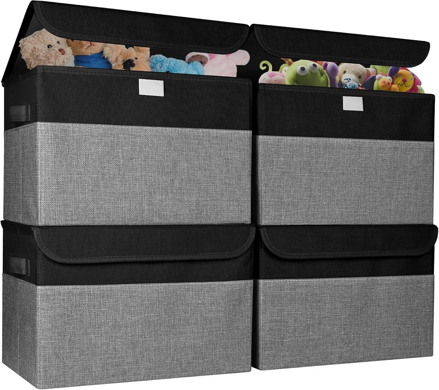 Large 22 Quart Linen Fabric Foldable Storage Bin Cube Organizer Basket with Flip-Top Lid & Handles, Clothes Blanket Box for Home, Office, Closet, Black & Gray, 4 Pack 14.6 x 9.5 x 9.5"