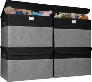 Large 22 Quart Linen Fabric Foldable Storage Bin Cube Organizer Basket with Flip-Top Lid & Handles, Clothes Blanket Box for Home, Office, Closet, Black & Gray, 4 Pack 14.6 x 9.5 x 9.5"