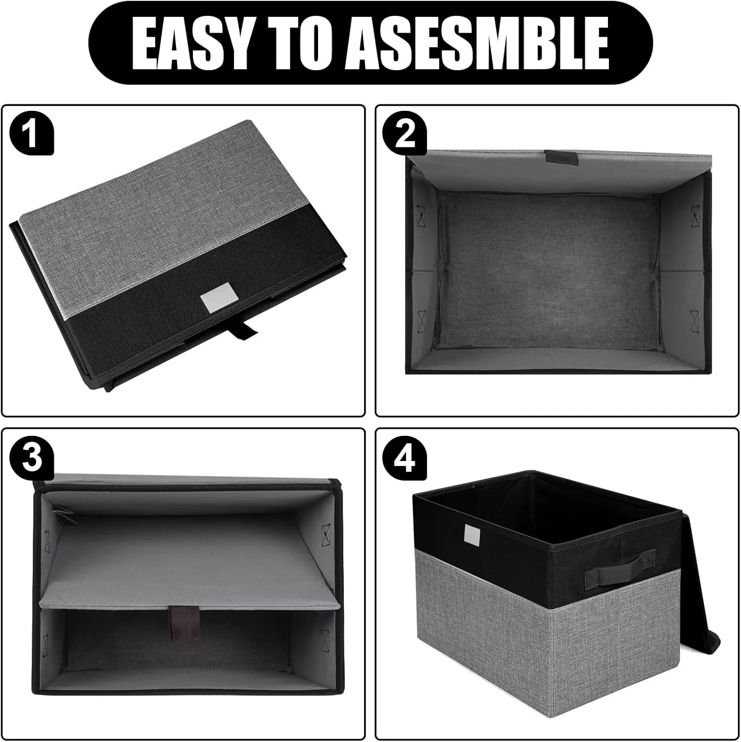 Large 22 Quart Linen Fabric Foldable Storage Bin Cube Organizer Basket with Flip-Top Lid & Handles, Clothes Blanket Box for Home, Office, Closet, Black & Gray, 4 Pack 14.6 x 9.5 x 9.5"