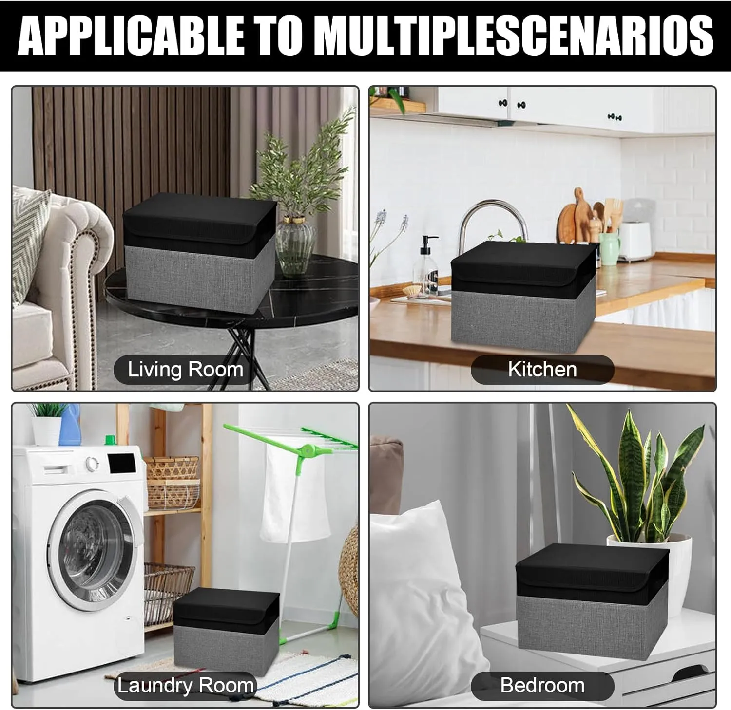 Large 22 Quart Linen Fabric Foldable Storage Bin Cube Organizer Basket with Flip-Top Lid & Handles, Clothes Blanket Box for Home, Office, Closet, Black & Gray, 4 Pack 14.6 x 9.5 x 9.5"