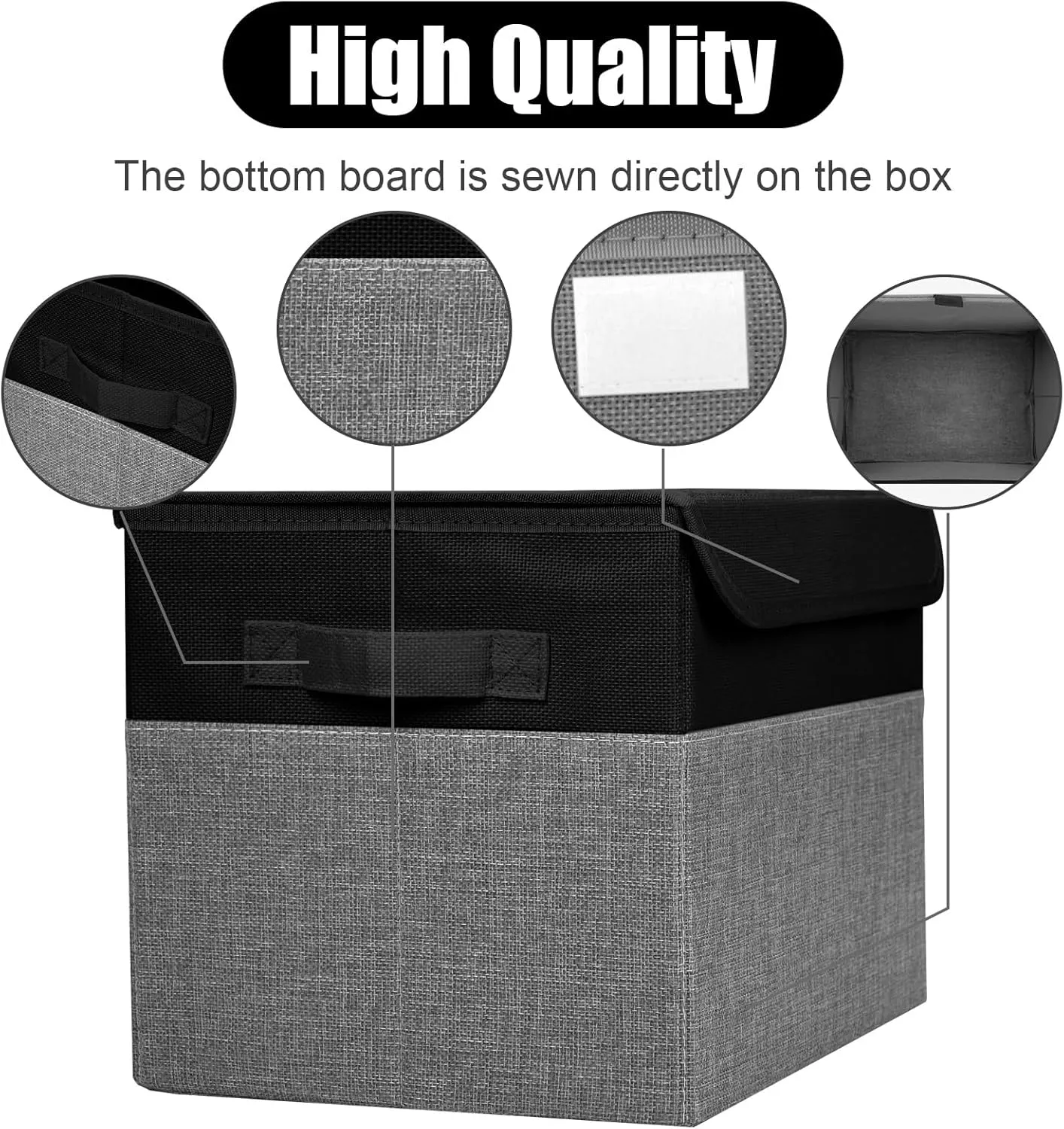 Large 22 Quart Linen Fabric Foldable Storage Bin Cube Organizer Basket with Flip-Top Lid & Handles, Clothes Blanket Box for Home, Office, Closet, Black & Gray, 4 Pack 14.6 x 9.5 x 9.5"