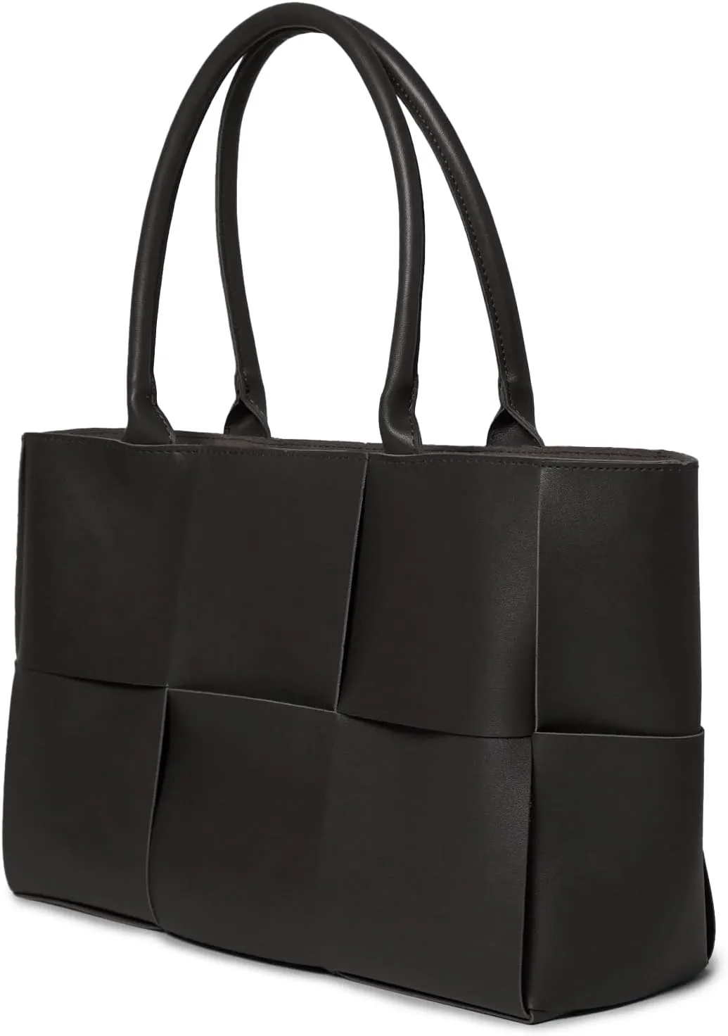 Large Capacity Woven Vegan Leather Tote Shoulder Bag with Inner Insert, Black