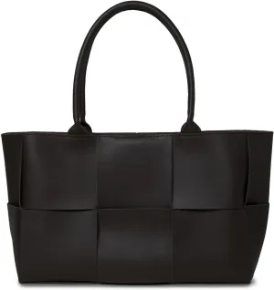 Large Capacity Woven Vegan Leather Tote Shoulder Bag with Inner Insert, Black