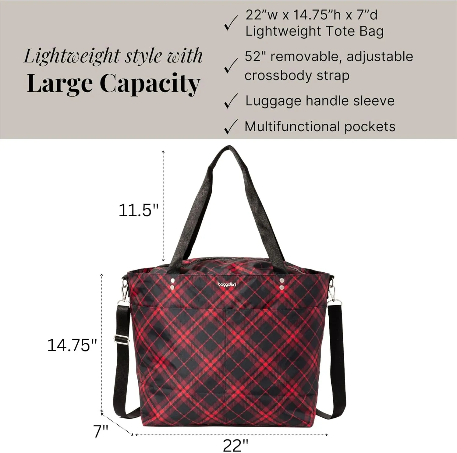 Large Carryall Tote Bag for Women - Lightweight Nylon Zipper Top Weekender Travel Beach Bag Personal Item w/Luggage Sleeve