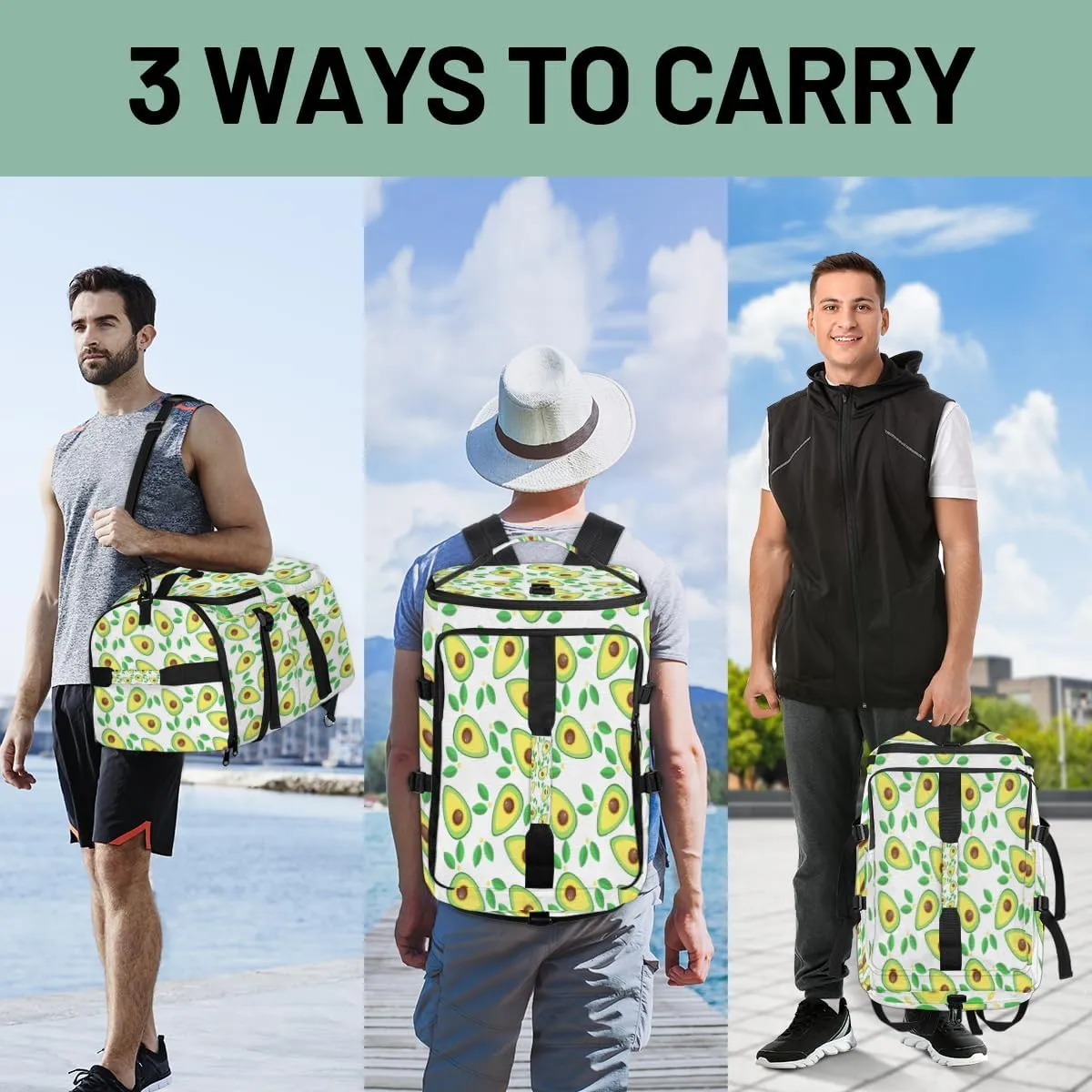 Large Sports Gym Bag With Shoe & Laptop Compartment 47L Waterproof Travel Duffel Bags for Men Women Avocado Luggage Backpack Duffle Bag
