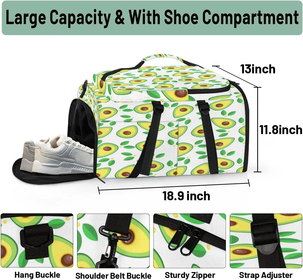 Large Sports Gym Bag With Shoe & Laptop Compartment 47L Waterproof Travel Duffel Bags for Men Women Avocado Luggage Backpack Duffle Bag