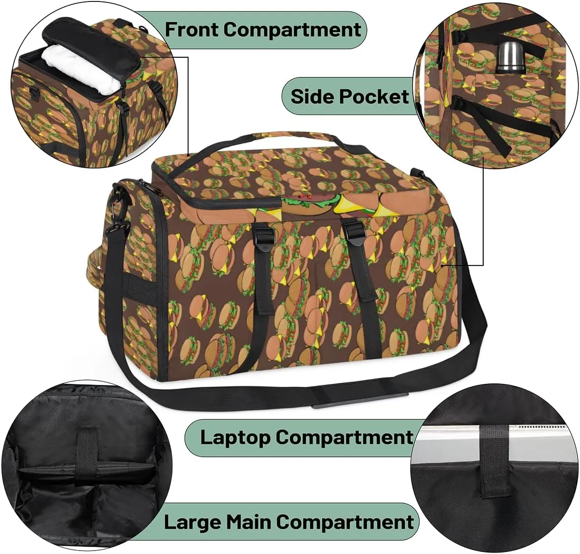 Large Sports Gym Bag With Shoe & Laptop Compartment 47L Waterproof Travel Duffel Bags for Men Women Cartoon Hamburger Food Luggage Backpack Duffle Bag