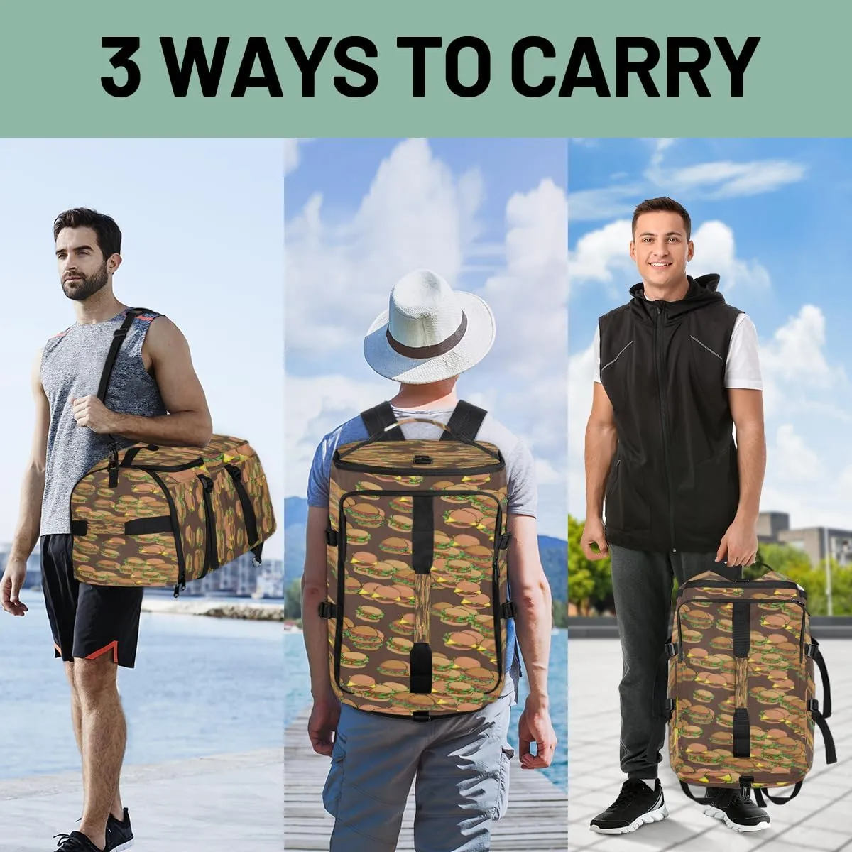 Large Sports Gym Bag With Shoe & Laptop Compartment 47L Waterproof Travel Duffel Bags for Men Women Cartoon Hamburger Food Luggage Backpack Duffle Bag