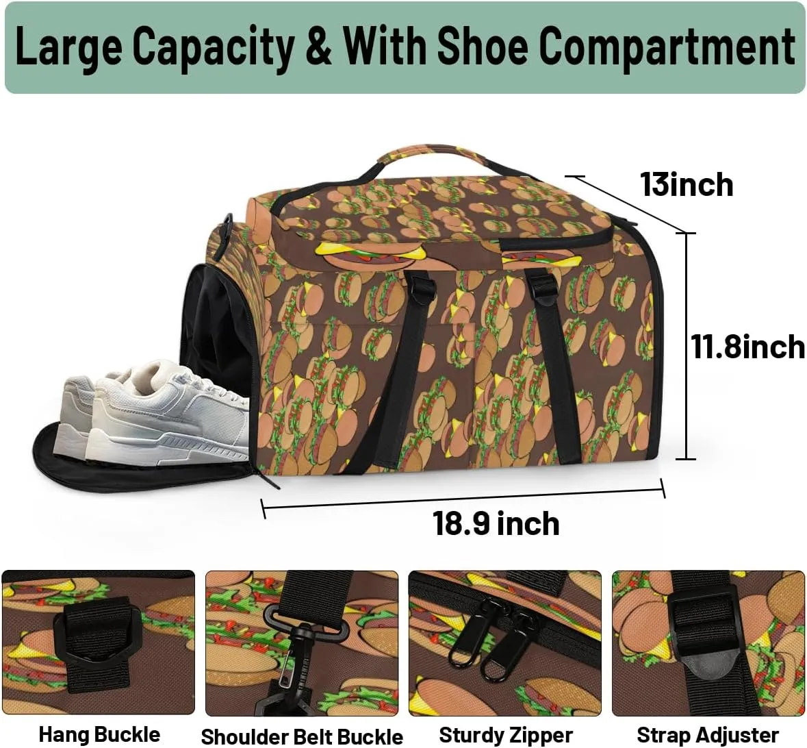 Large Sports Gym Bag With Shoe & Laptop Compartment 47L Waterproof Travel Duffel Bags for Men Women Cartoon Hamburger Food Luggage Backpack Duffle Bag