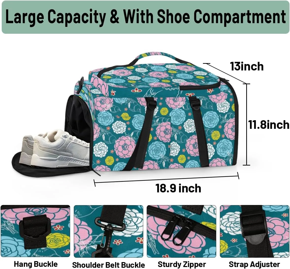 Large Sports Gym Bag With Shoe & Laptop Compartment 47L Waterproof Travel Duffel Bags for Men Women Colorful Camellia Cute Luggage Backpack Duffle Bag