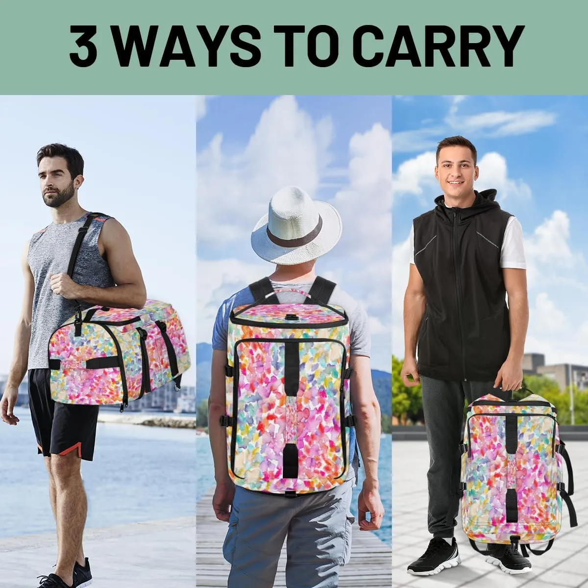 Large Sports Gym Bag With Shoe & Laptop Compartment 47L Waterproof Travel Duffel Bags for Men Women Colorful Pattern Luggage Backpack Duffle Bag