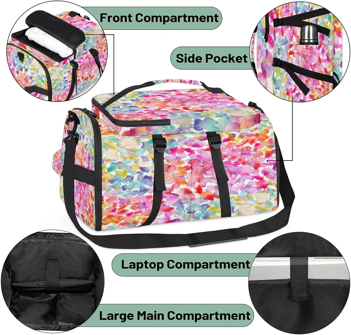 Large Sports Gym Bag With Shoe & Laptop Compartment 47L Waterproof Travel Duffel Bags for Men Women Colorful Pattern Luggage Backpack Duffle Bag