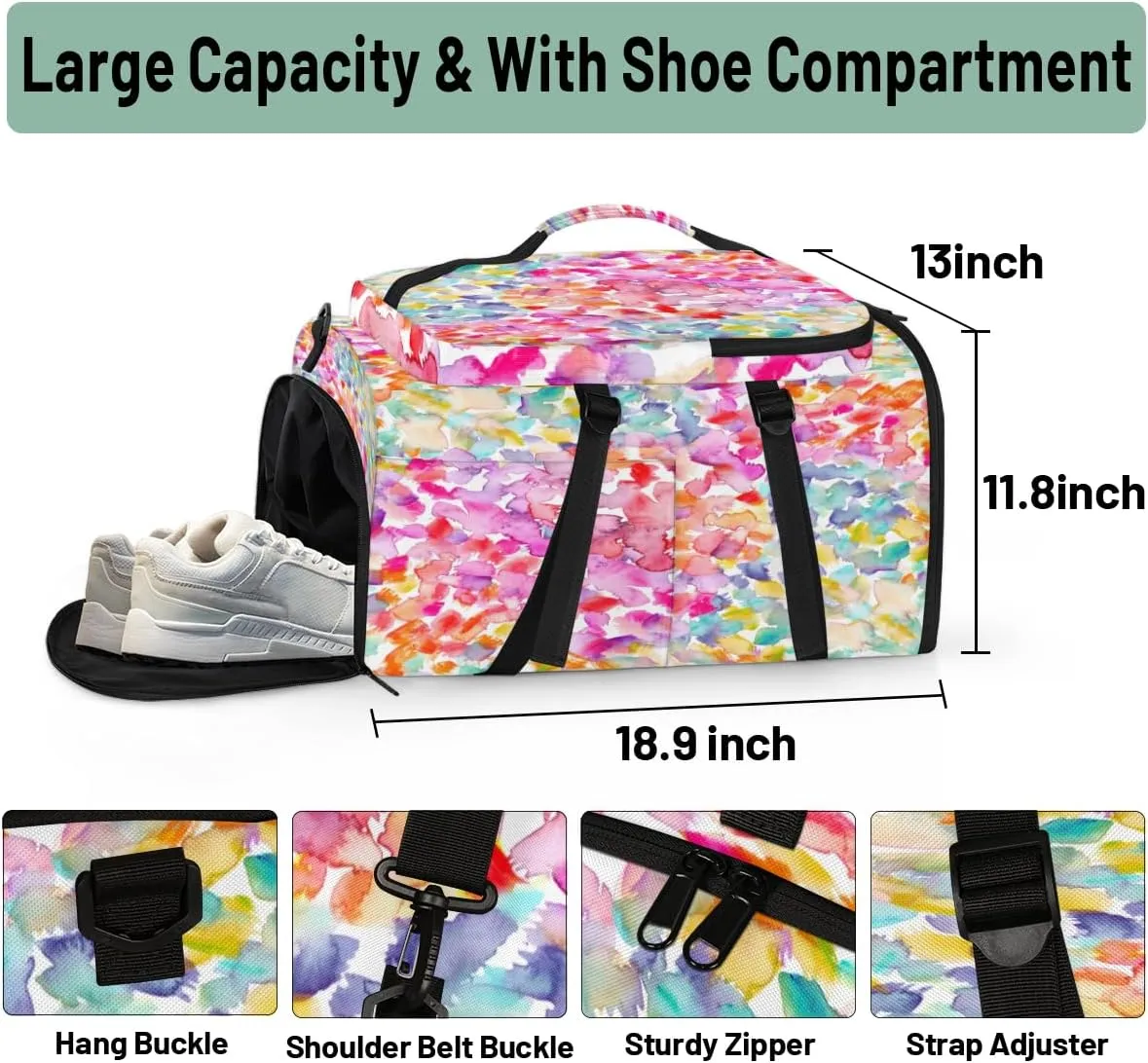 Large Sports Gym Bag With Shoe & Laptop Compartment 47L Waterproof Travel Duffel Bags for Men Women Colorful Pattern Luggage Backpack Duffle Bag