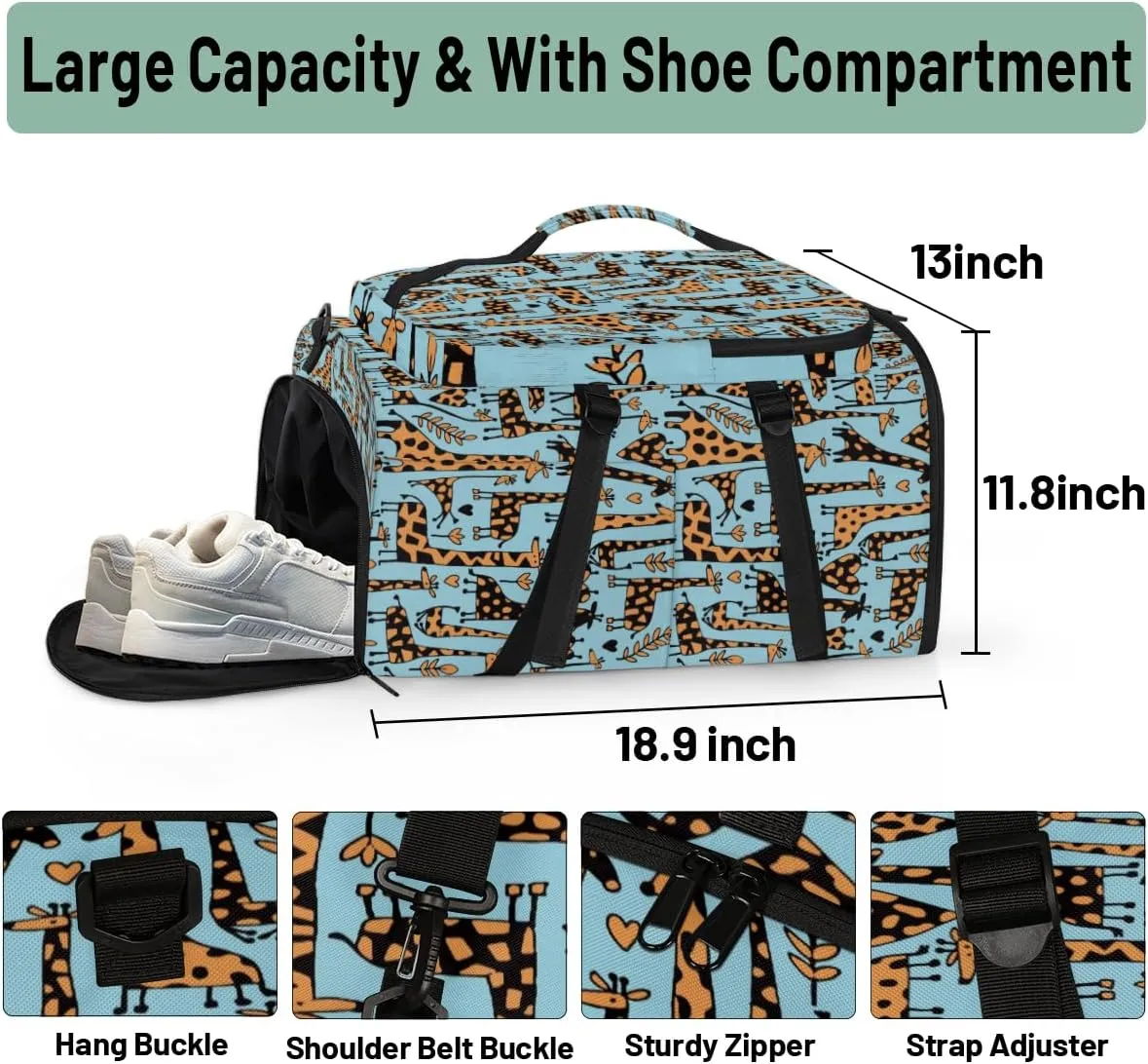 Large Sports Gym Bag With Shoe & Laptop Compartment 47L Waterproof Travel Duffel Bags for Men Women Funny Giraffes Sketch Luggage Backpack Duffle Bag