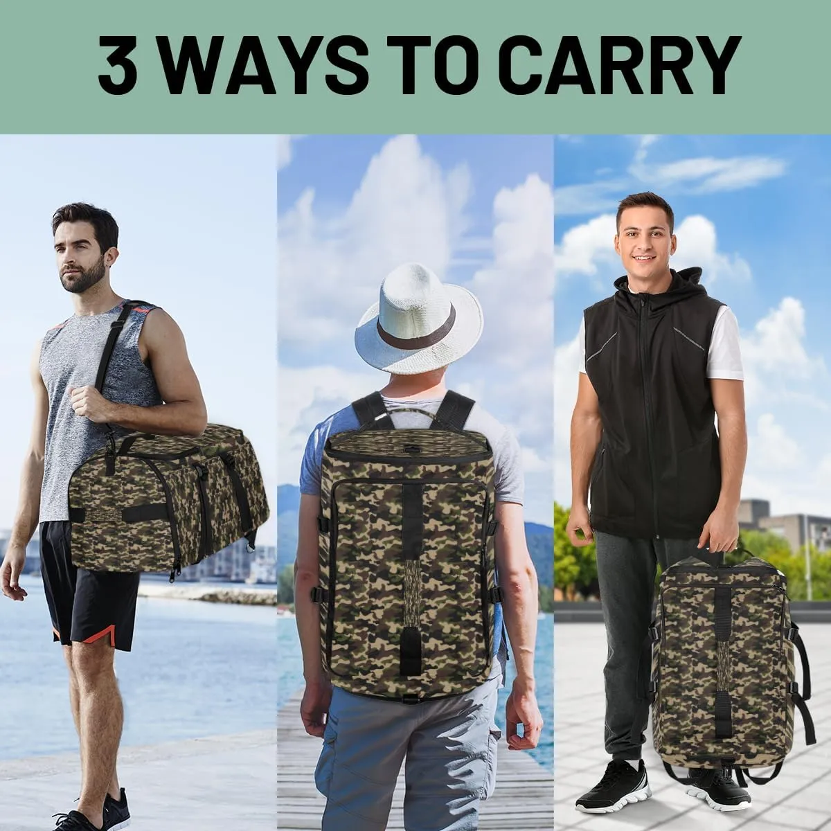 Large Sports Gym Bag With Shoe & Laptop Compartment 47L Waterproof Travel Duffel Bags for Men Women Modern Camo Luggage Backpack Duffle Bag