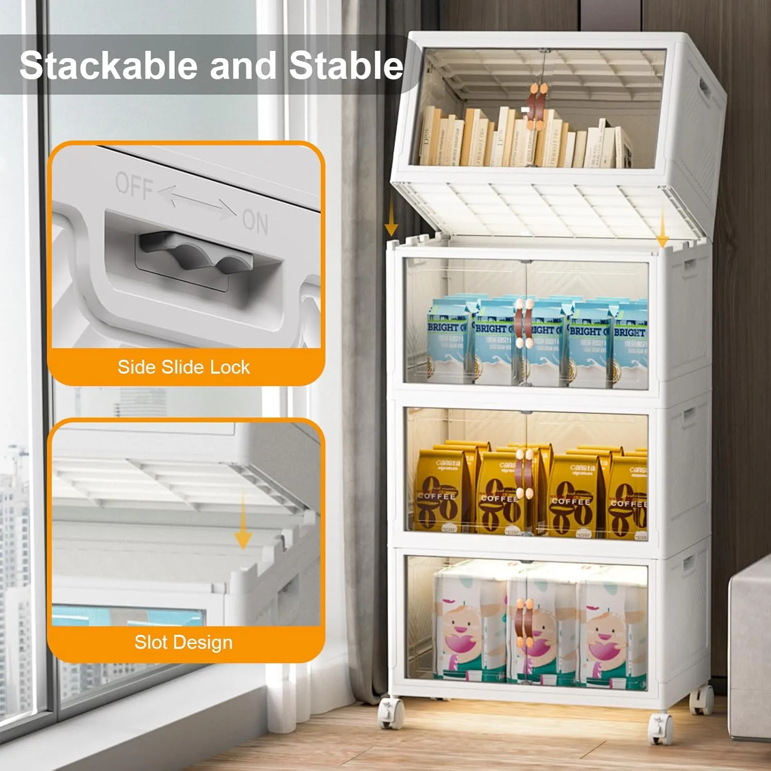 Large Stackable Storage Bins with Lids and Wheels, 112QT/28GAL Stackable Storage Drawers, 4Pack Collapsible Bins with Lids, Closet Organizers for Home, Office, Dorm