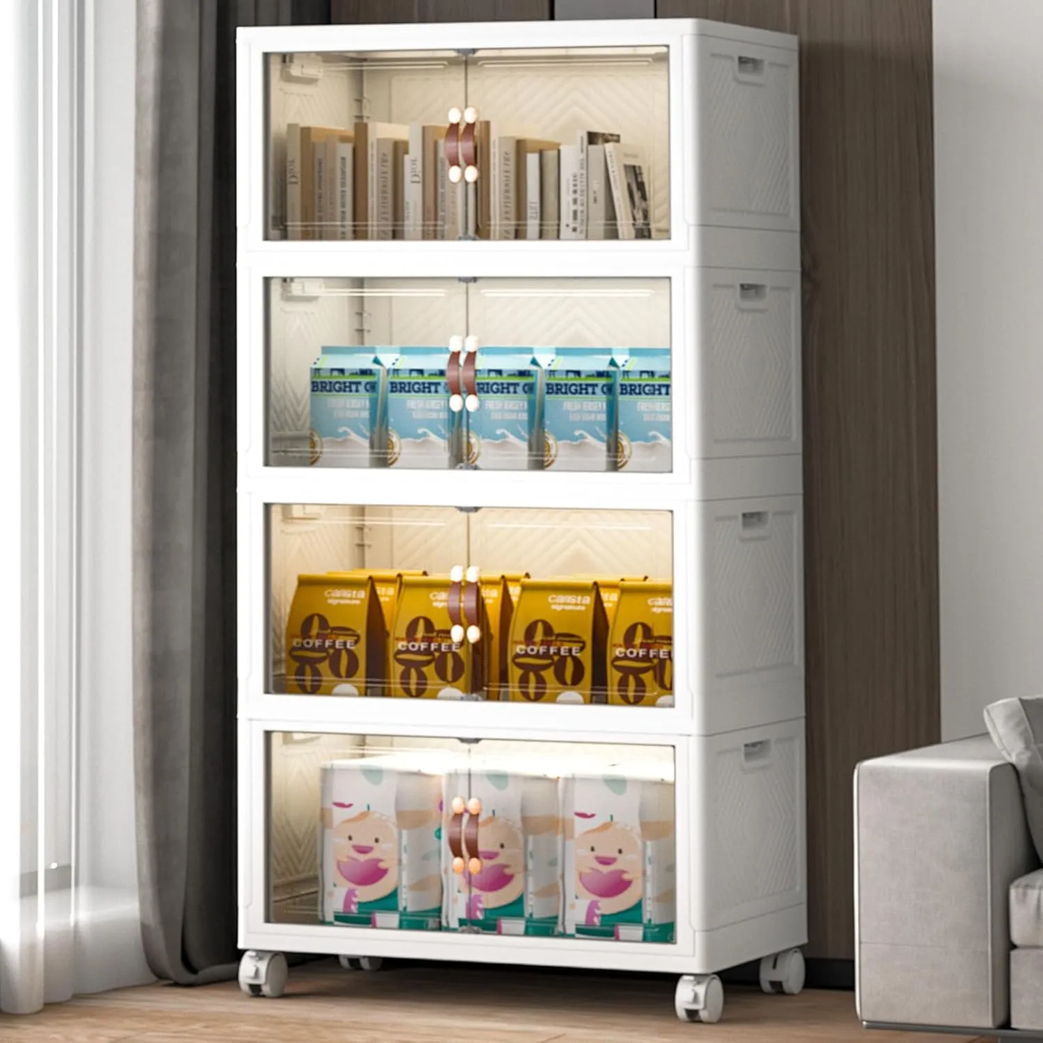 Large Stackable Storage Bins with Lids and Wheels, 112QT/28GAL Stackable Storage Drawers, 4Pack Collapsible Bins with Lids, Closet Organizers for Home, Office, Dorm