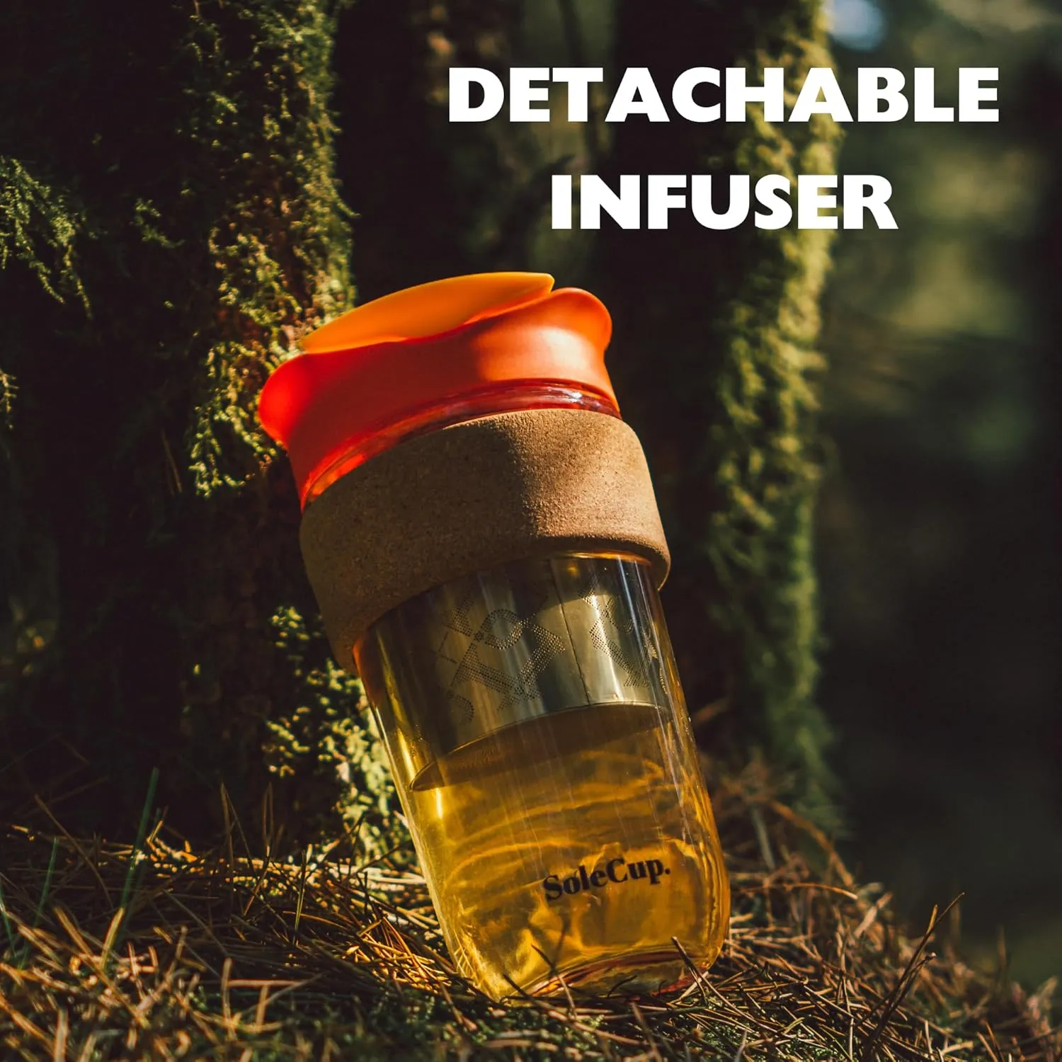 Large Travel Mug Loose Tea Infuser - Detachable Tea Strainer with Spill Proof Lid - 18oz/530ml BPA-Free Reusable Glass Travel Coffee Cup with Cork Band (Black)