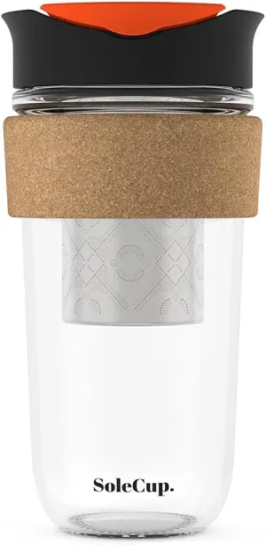 Large Travel Mug Loose Tea Infuser - Detachable Tea Strainer with Spill Proof Lid - 18oz/530ml BPA-Free Reusable Glass Travel Coffee Cup with Cork Band (Black)