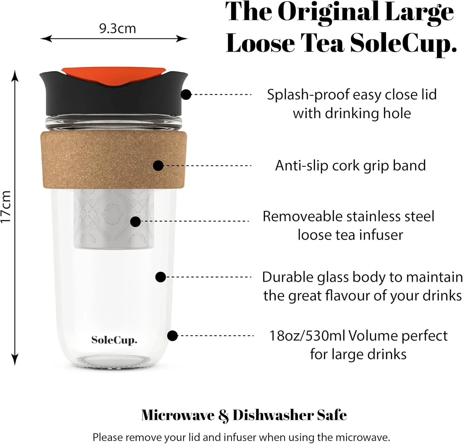 Large Travel Mug Loose Tea Infuser - Detachable Tea Strainer with Spill Proof Lid - 18oz/530ml BPA-Free Reusable Glass Travel Coffee Cup with Cork Band (Black)
