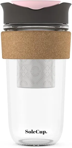 Large Travel Mug Loose Tea Infuser - Detachable Tea Strainer with Spill Proof Lid - 18oz/530ml BPA-Free Reusable Glass Travel Coffee Cup with Cork Band (Grey and Pink)