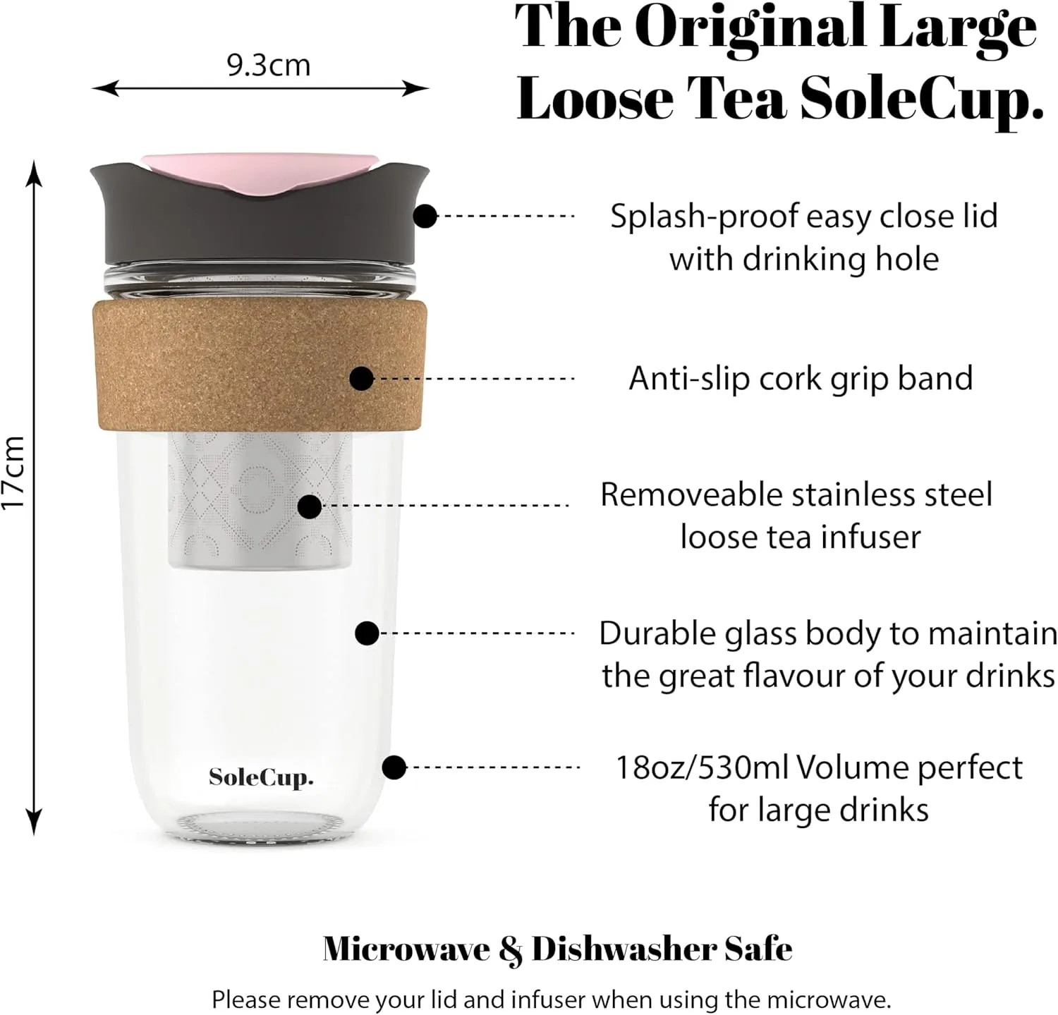 Large Travel Mug Loose Tea Infuser - Detachable Tea Strainer with Spill Proof Lid - 18oz/530ml BPA-Free Reusable Glass Travel Coffee Cup with Cork Band (Grey and Pink)