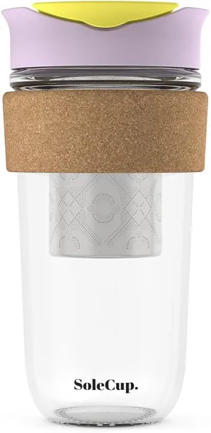 Large Travel Mug Loose Tea Infuser - Detachable Tea Strainer with Spill Proof Lid - 18oz/530ml BPA-Free Reusable Glass Travel Coffee Cup with Cork Band (Ice Cream)