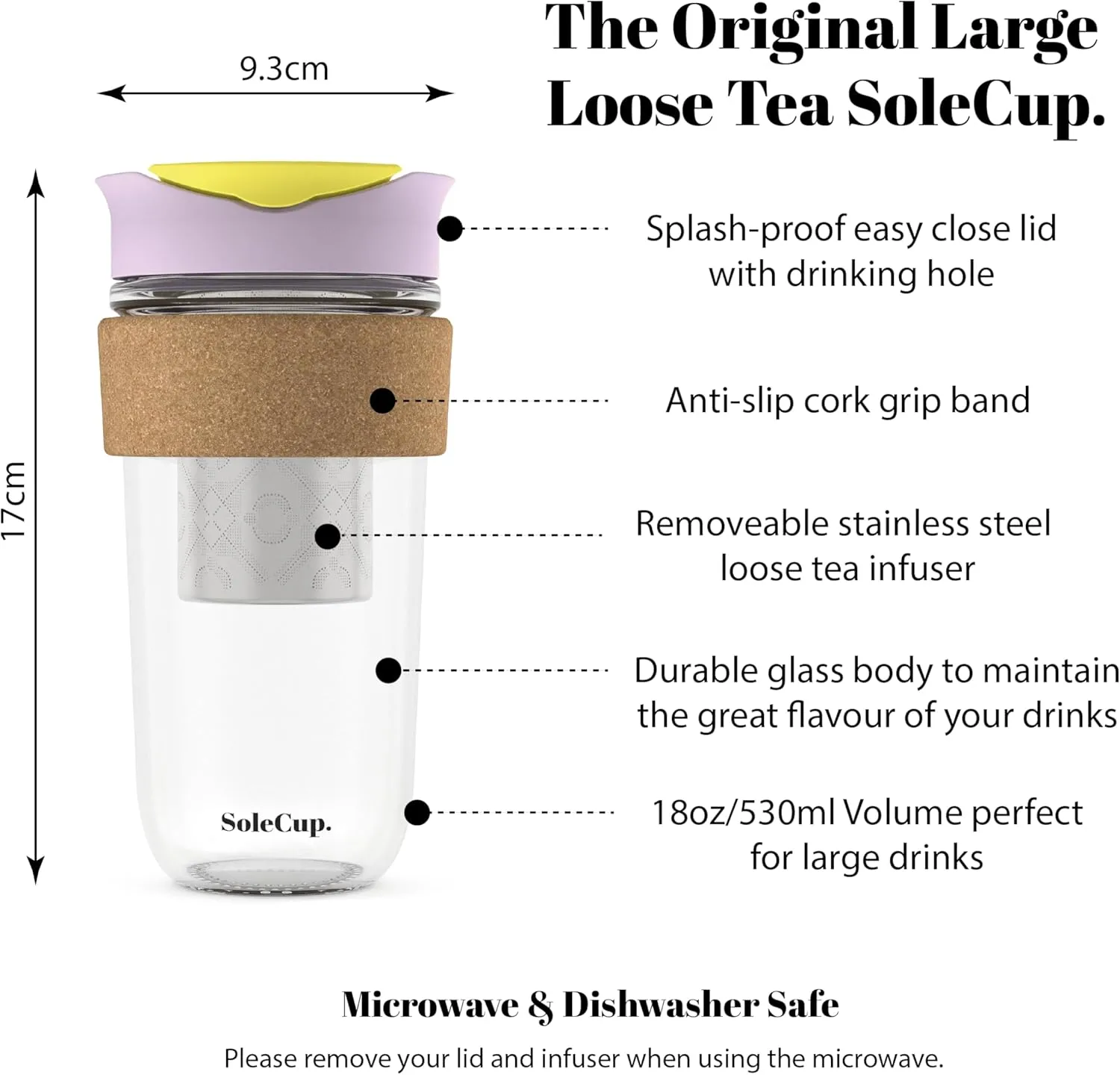Large Travel Mug Loose Tea Infuser - Detachable Tea Strainer with Spill Proof Lid - 18oz/530ml BPA-Free Reusable Glass Travel Coffee Cup with Cork Band (Ice Cream)