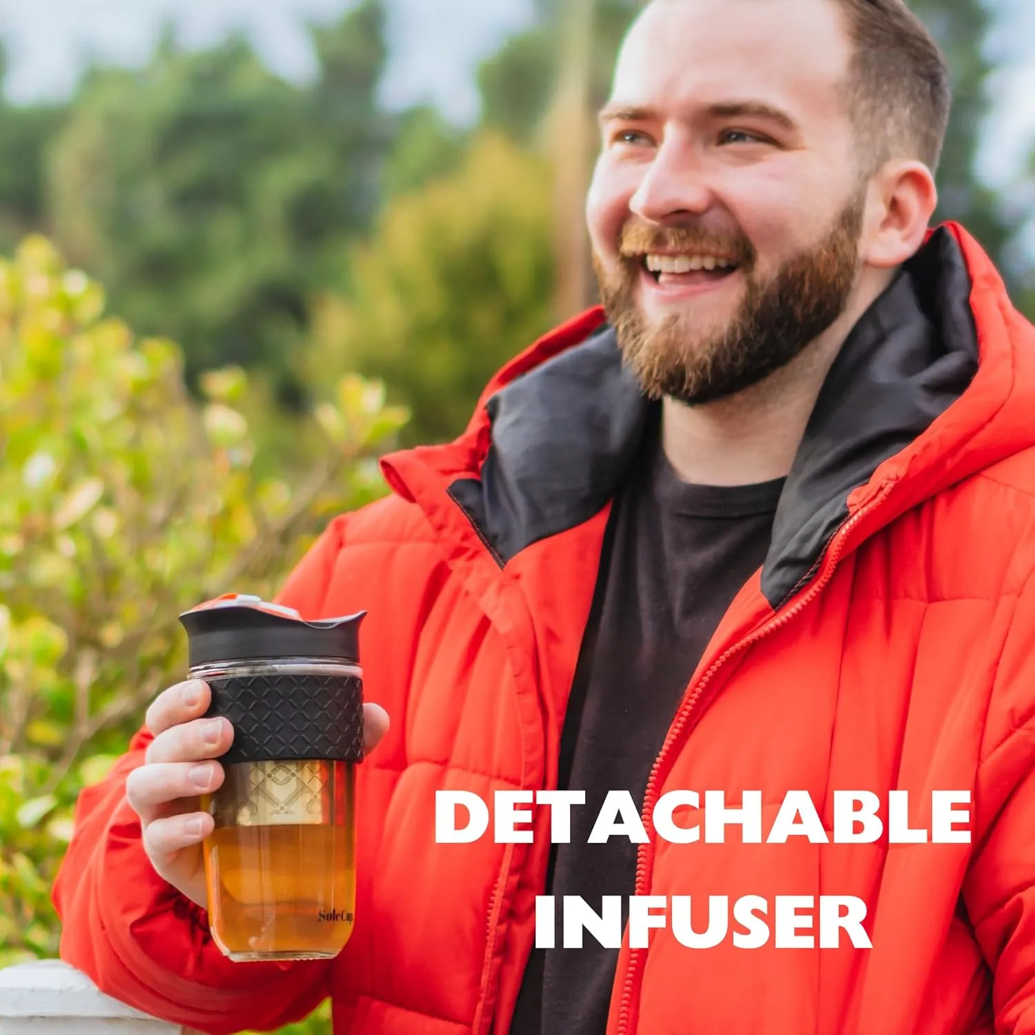 Large Travel Mug Loose Tea Infuser - Detachable Tea Strainer with Spill Proof Lid - 18oz/530ml BPA-Free Reusable Glass Travel Coffee Cup with Silicone Band (Blue)