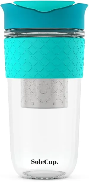 Large Travel Mug Loose Tea Infuser - Detachable Tea Strainer with Spill Proof Lid - 18oz/530ml BPA-Free Reusable Glass Travel Coffee Cup with Silicone Band (Blue)
