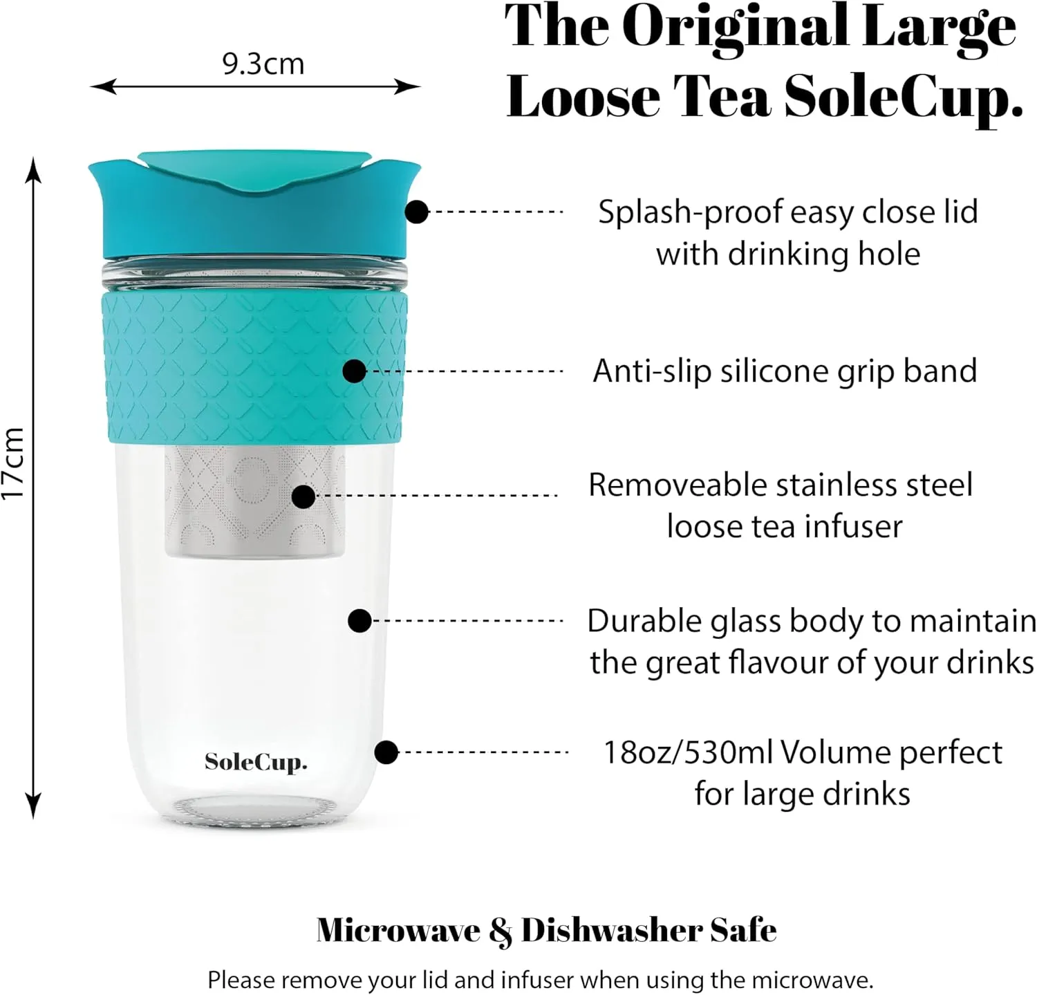 Large Travel Mug Loose Tea Infuser - Detachable Tea Strainer with Spill Proof Lid - 18oz/530ml BPA-Free Reusable Glass Travel Coffee Cup with Silicone Band (Blue)