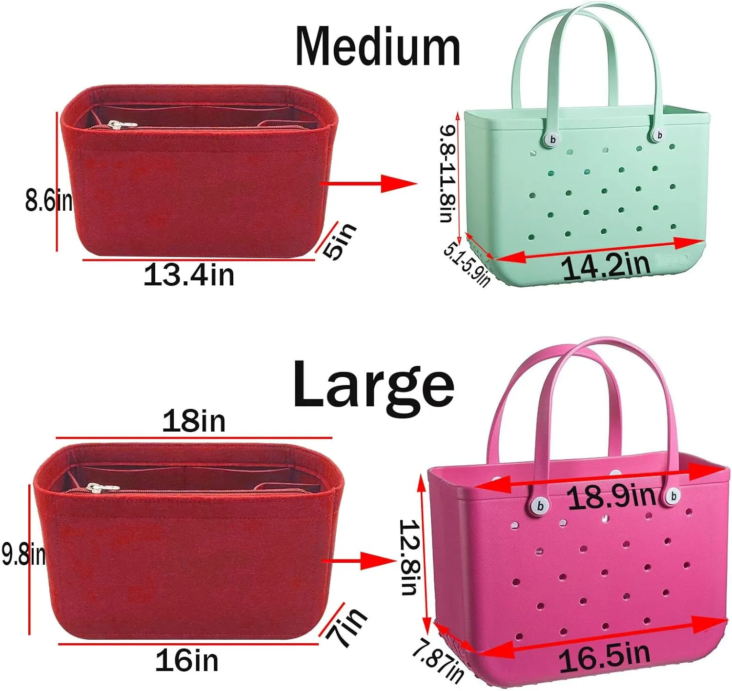 Lckaey Purse inserts for rubber beach bag with Borg bag handbags felt organizers Y015-red-M
