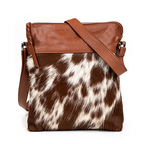 Leather Crossbody Messenger Bag With Cowhide Design