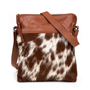 Leather Crossbody Messenger Bag With Cowhide Design