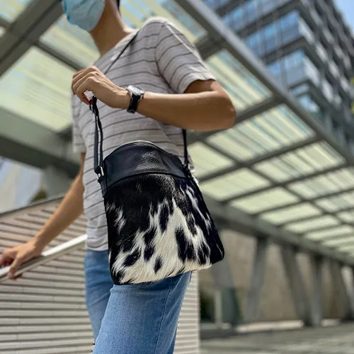 Leather Crossbody Messenger Bag With Cowhide Design