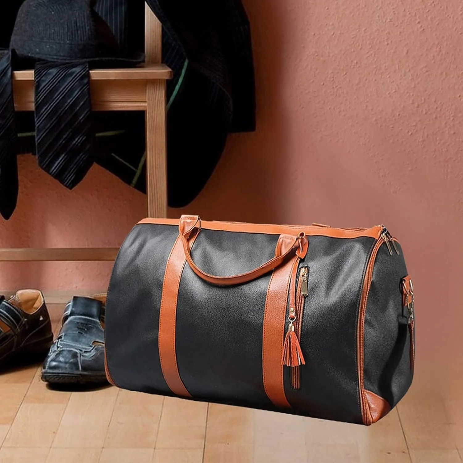 Leather Duffle Bag Portable Multipurpose Water Resistant Carry on Garment Duffel, Black