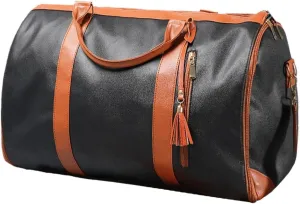 Leather Duffle Bag Portable Multipurpose Water Resistant Carry on Garment Duffel, Black