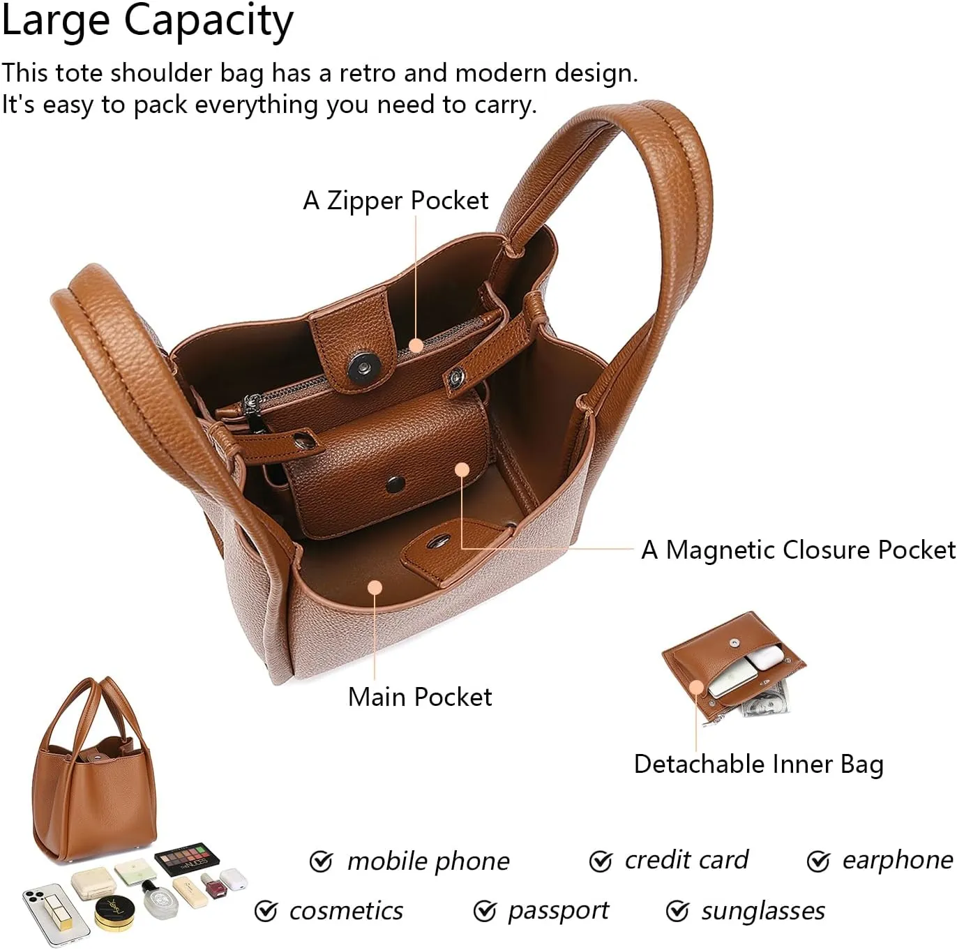 Leather Tote Bag Slouchy Handbag with Zipper Stylish for Women's