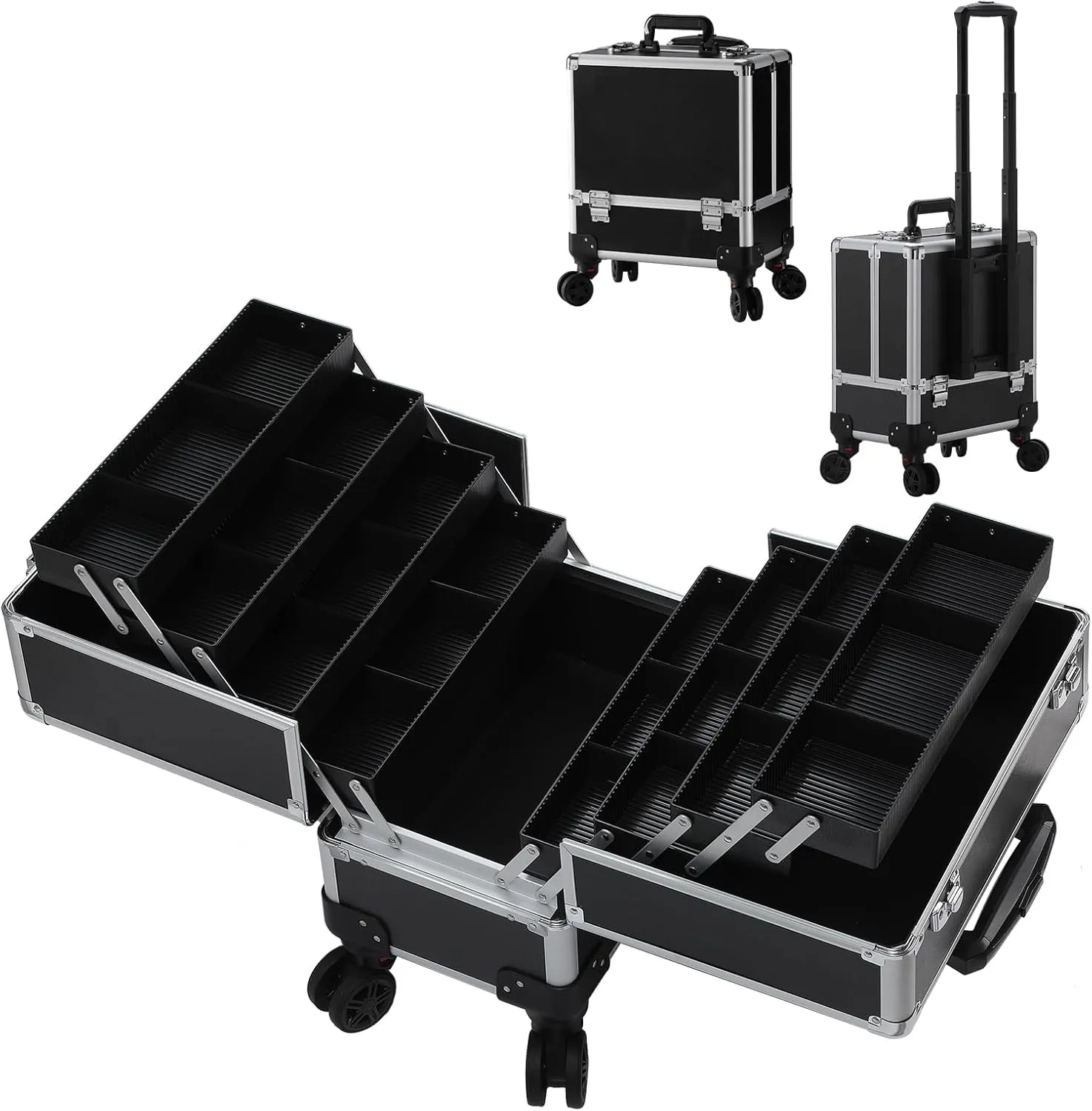 Leeora&Leekoo High-Capacity Multilayer Portable Nail Case for Nail Tech Organizer with Wheels - Lockable Makeup Case Organizer, Cosmetic Case, Makeup Train Case (Black)