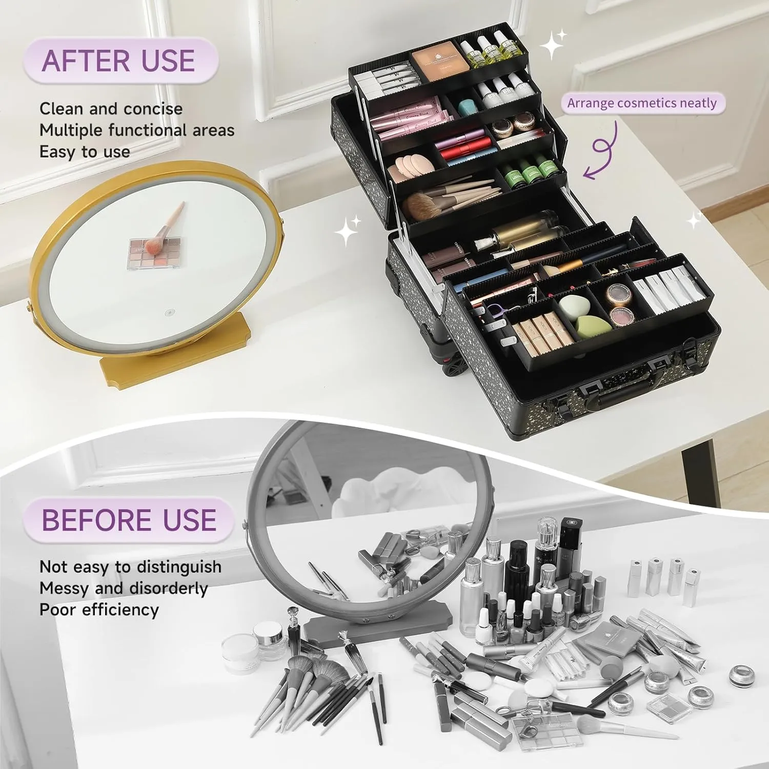 Leeora&Leekoo High-Capacity Multilayer Portable Nail Case for Nail Tech Organizer with Wheels - Lockable Makeup Case Organizer, Cosmetic Case, Makeup Train Case (flashing star)