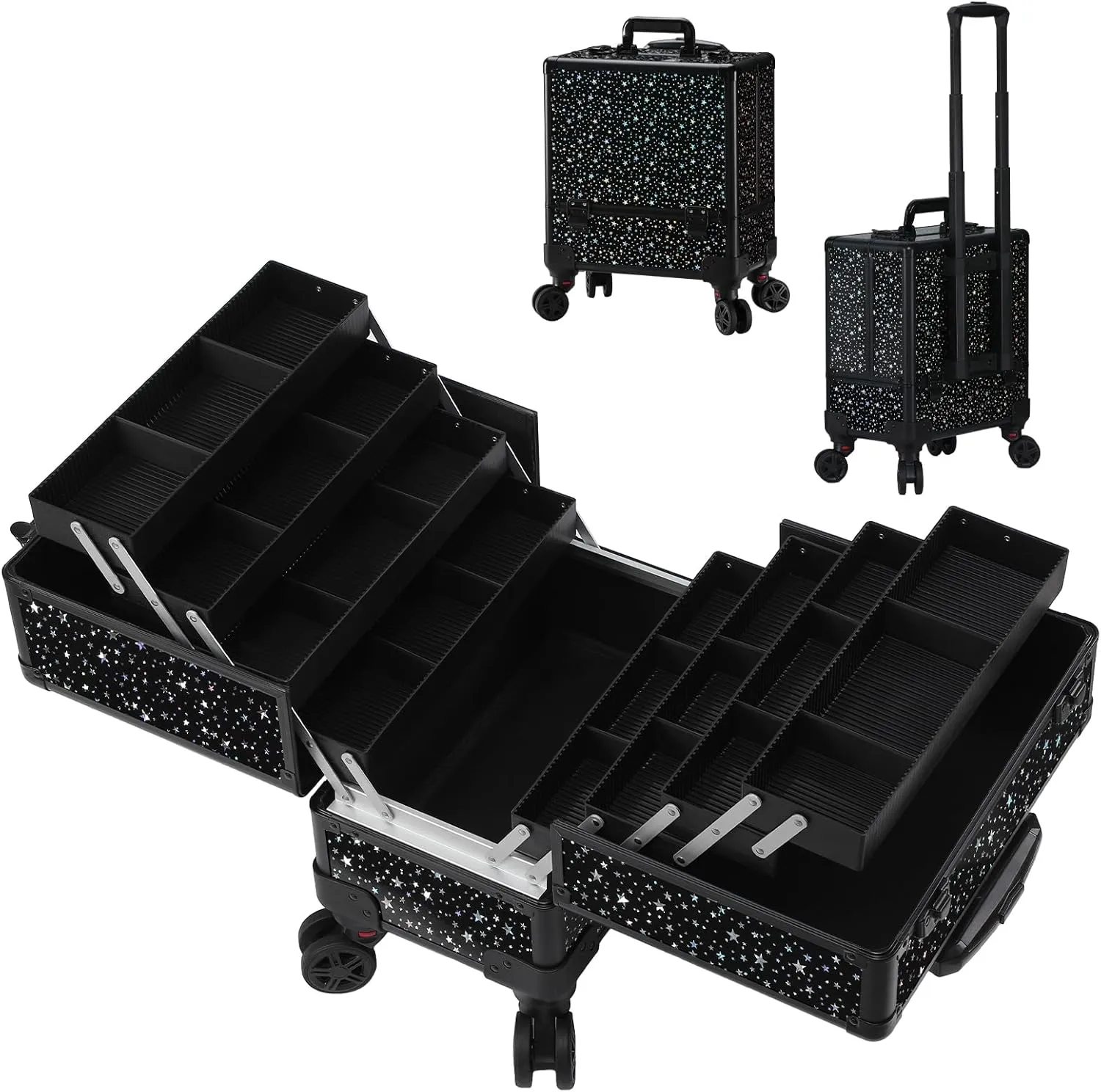 Leeora&Leekoo High-Capacity Multilayer Portable Nail Case for Nail Tech Organizer with Wheels - Lockable Makeup Case Organizer, Cosmetic Case, Makeup Train Case (flashing star)