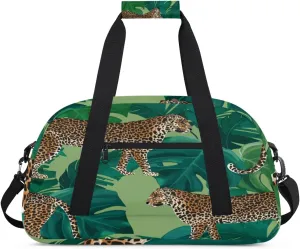 Leopard Gym Duffel Bag for Men Women Tropical Leaves Sports Tote Bag with Adjustable Shoulder Strap for Dance Gymnastics Traveling Outdoor Camping Overnight Stay