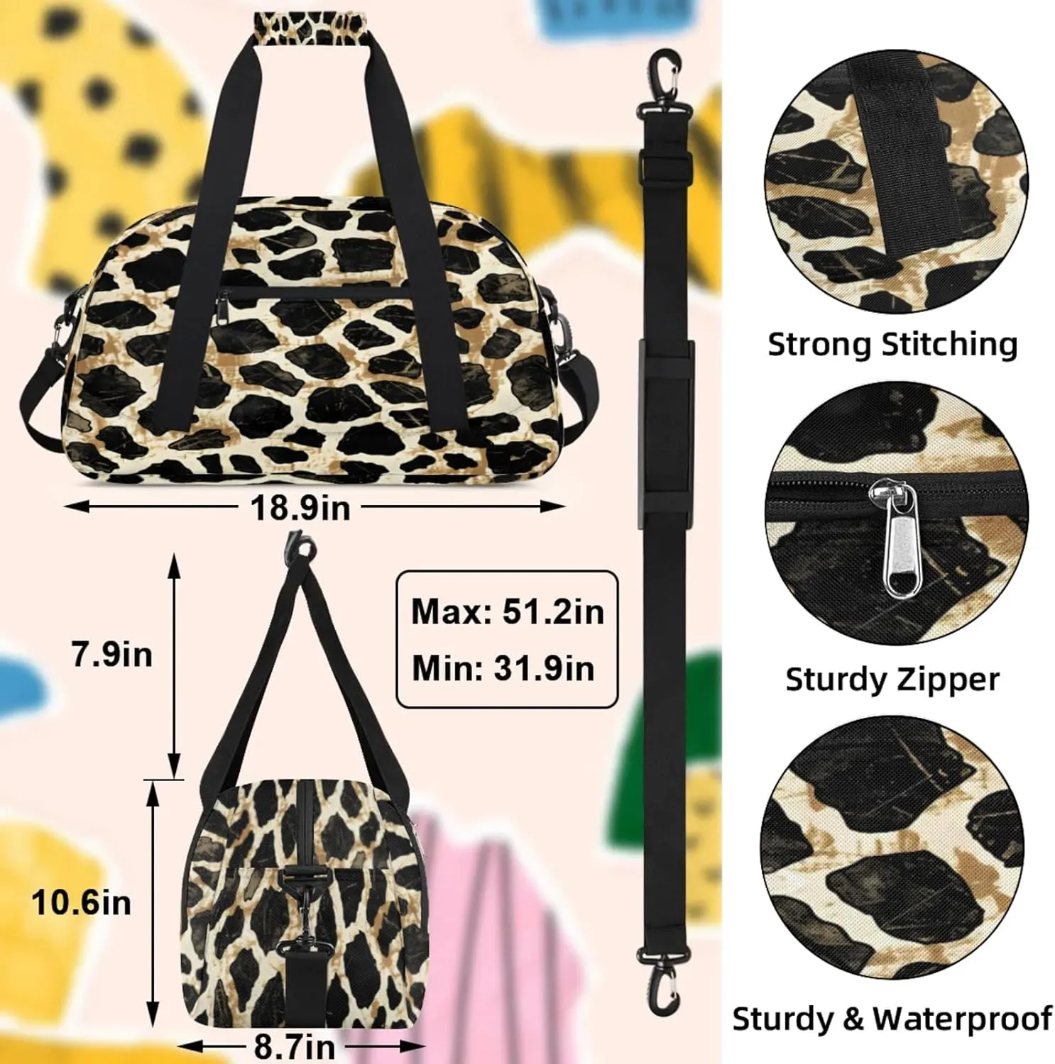 Leopard Print Animal Cheetah Small Gym Bag 18 inch Carry On Duffel Bag for Weekender Travel Sports Workout Yoga Gymnastics Dance Ballet