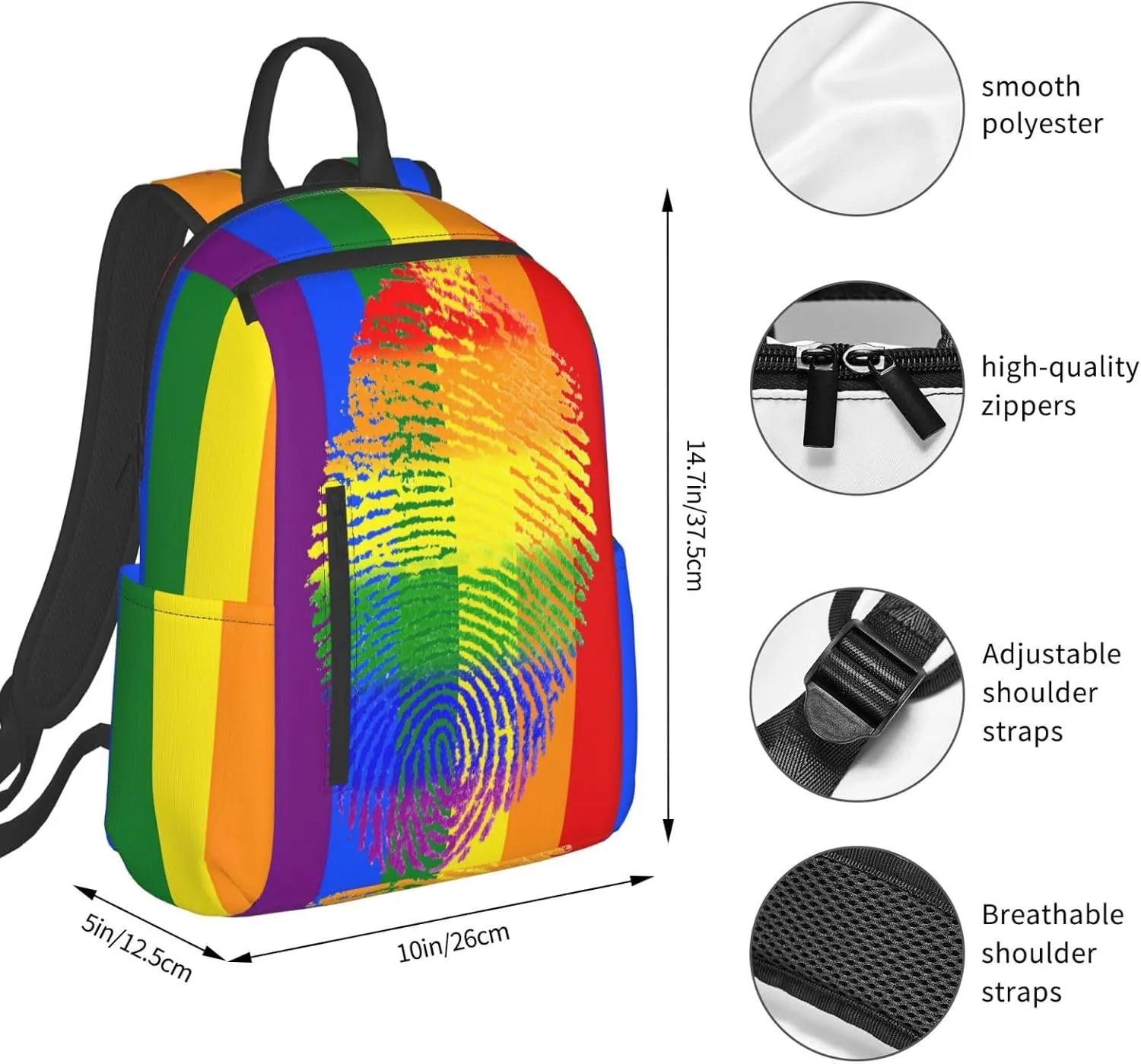 LGBT Rainbow Gay Pride Fingerprint Travel Laptop Backpack Casual Backpacks Double Shoulder Daypack Notebook Rucksack Work Bags Sports Bag for Hiking Camping Beach