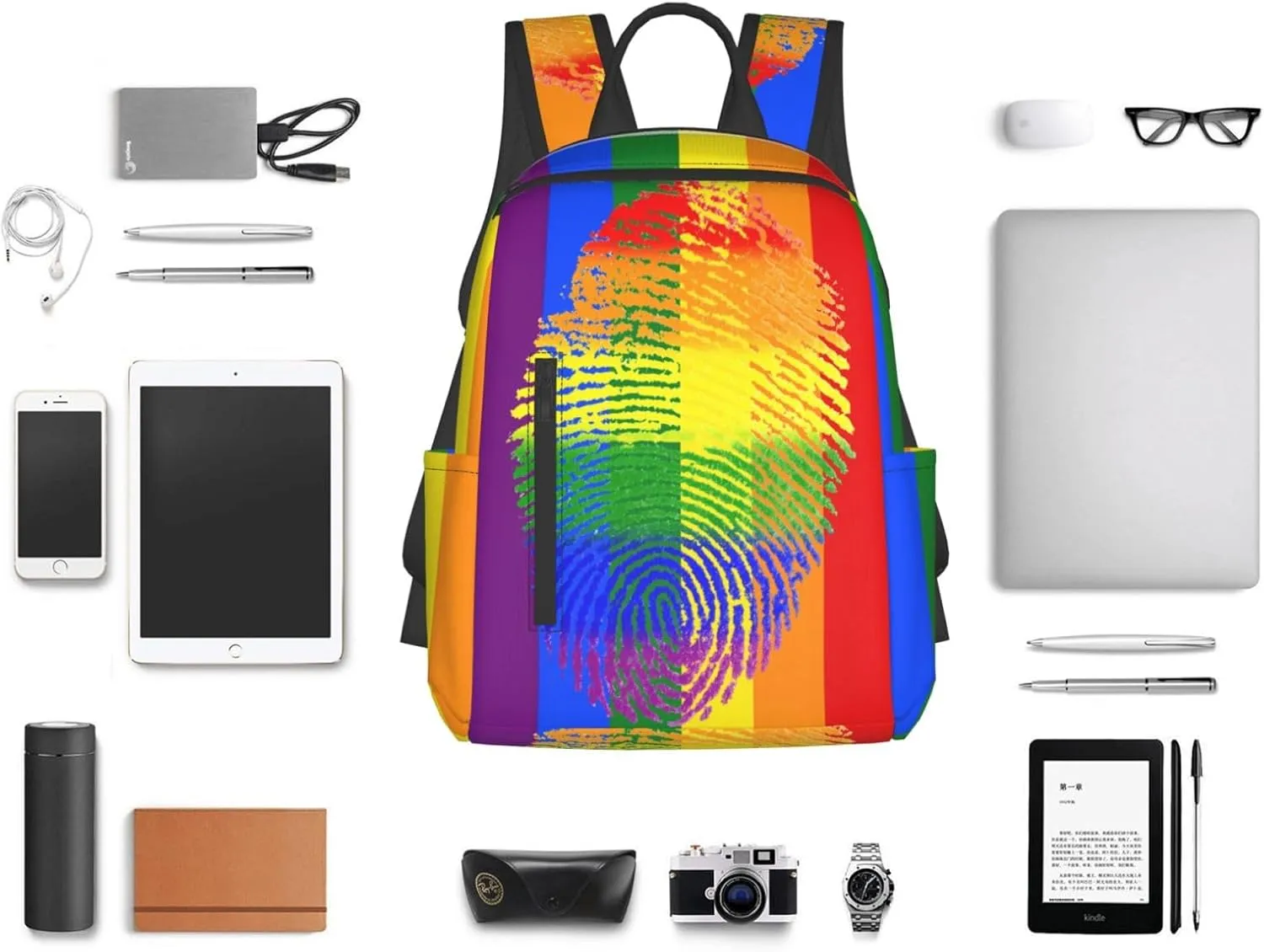LGBT Rainbow Gay Pride Fingerprint Travel Laptop Backpack Casual Backpacks Double Shoulder Daypack Notebook Rucksack Work Bags Sports Bag for Hiking Camping Beach